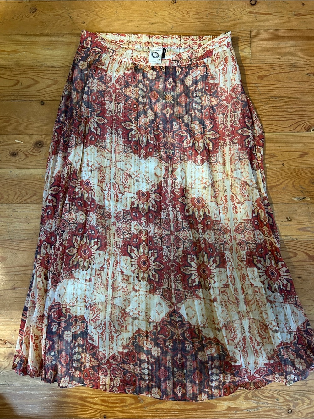 Anthropologie Red & Cream Boho Pleated Maxi Skirt
